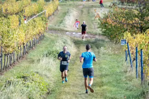 Begegnungsverkehr. Links Gunnar Baar vom TV Maikammer, im Vorjahr Zweiter des Halbmarathons. 