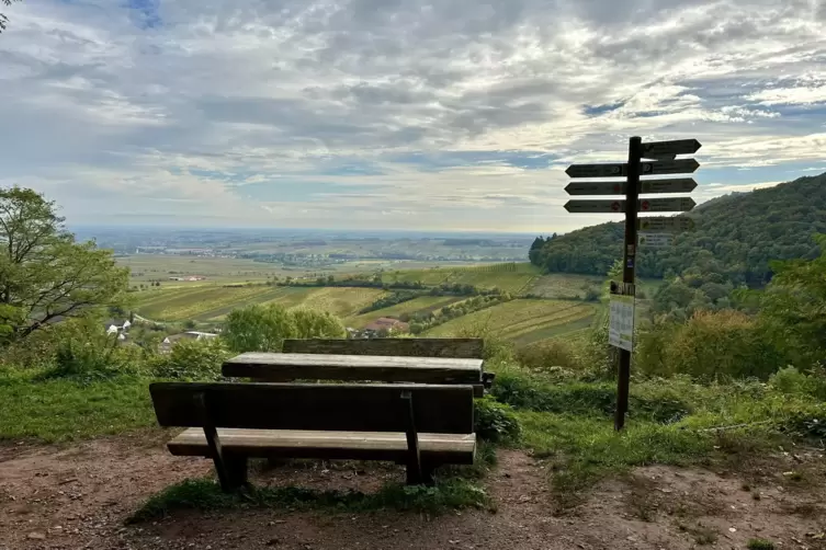 Impression Slevogthof: Ausblick auf Leinsweiler und Eschbach hinüber zur Madenburg.