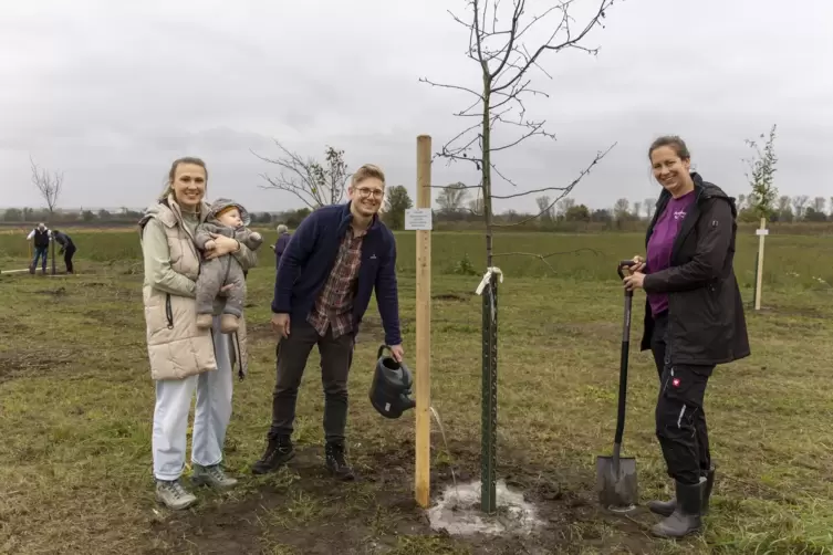 Katharina und Felix Ladwig haben anlässlich der Geburt ihres Sohnes Henri einen Zierapfelbaum gepflanzt. Dank Tina Beißwenger (r