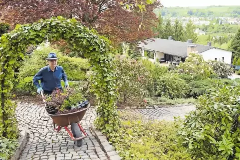 Erhard Scheid bereitet sein Anwesen in der Sonnenstraße 5 auf den „Tag der offenen Gärten“ vor.