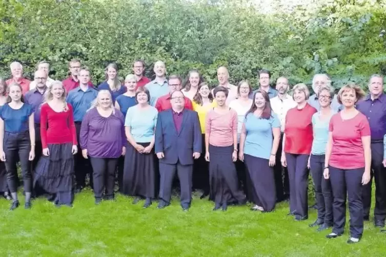 Das Pfälzische Vokal-Ensemble in der aktuellen Besetzung bei der Probenphase in St.-Peter-Ording. Vorne in der Mitte der Leiter 