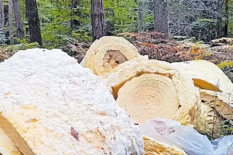 Mineralwolle, teilweise noch originalverpackt, wurde im Wald zwischen Kaiserslautern und Hochspeyer abgekippt.