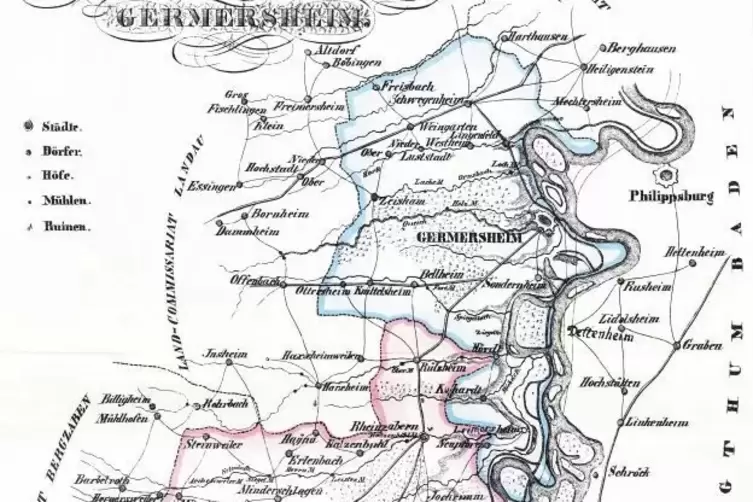 Die Karte zeigt das Landkommissariat Germersheim im Jahr 1835.