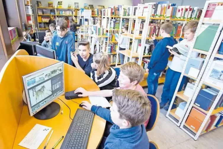 Hier führen viele Medien zum Ziel: Während einige Schüler in der schuleigenen Bibliothek in Büchern schmökern, informieren sich 