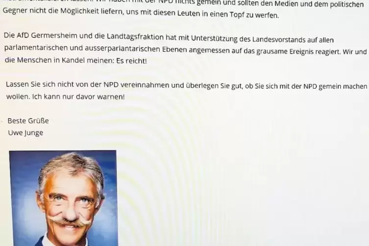 „Lassen Sie sich nicht von der NPD vereinnahmen“, warnte der AfD-Landeschef Uwe Junge bis zum Sonntag vor einer Teilnahme an der