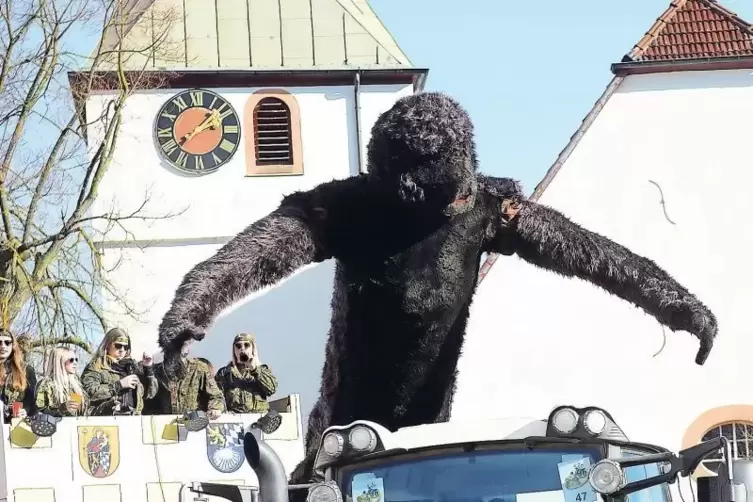 Viel Anerkennung gab es für den Umzugswagen der Jugend aus Niedermoschel und Hallgarten, deren „King Kong“ sich regelmäßig zu de