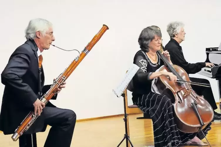 Friedrich Edelmann (links), Rebecca Rust und Scott Faigen bei einem Konzert im Herbst im Haus Catoir in Bad Dürkheim.