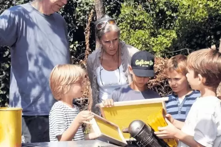 Imker Thomas Grund und Judith Zeuner-Turm betreuen das Projekt, hier mit (von links) Hanna, Lorenz, Max und Lukas aus der Bienen