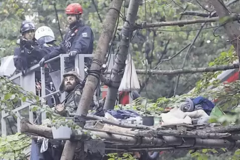 Polizisten versuchen mit einem Hubwagen, an einen Umweltaktivisten im Baum zu kommen.