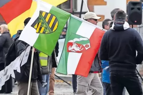 Die Polizei griff nicht ein: Ein Teilnehmer der „Frauenbündnis“-Demo auf dem Marktplatz am Samstag posiert mit Fahnen und Wappen