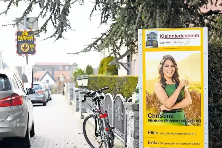 Auf Wiedersehen Rheinhessen, willkommen im Weinanbaugebiet Pfalz! Auch das soll dieses neue Schild am Eingang von Kleinniedeshei