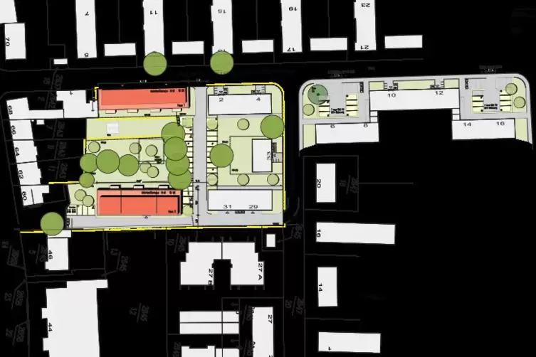 Lageplan: in rot die beiden geplanten neuen Gebäude.