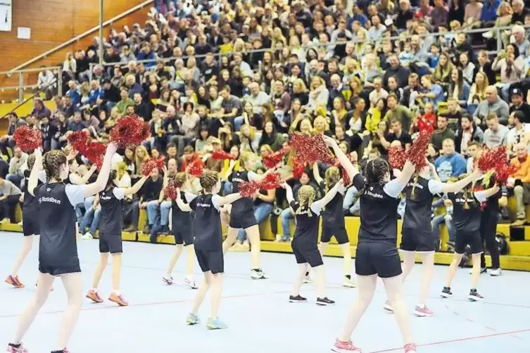 In den Auszeiten kommen die Cheerleader, C-, D- und E-Jugend-Handballerinnen der TS Rodalben, aufs Spielfeld und unterhalten das