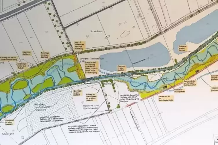 Der Lauf des Eisbachs unterhalb der Landstraße Richtung Eisenberg wird von 784 (geraden) auf 1180 (geschlängelten) Metern verlän