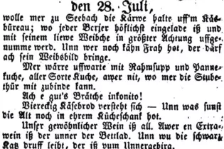 Mit einer im Dialekt verfassten Anzeige warb Wirt Johannes Mayer Ende Juli 1839 für einen Besuch im »Käsbüro« anlässlich der See