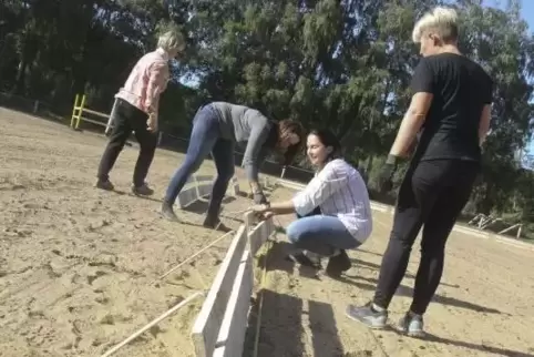 Anne Thom, Anja Killian, Tatjana Kuhn und Svenja Seldenreich (von links) bauen das Dressurviereck für den Reitertag auf.