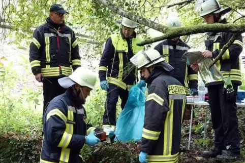 Feuerwehrleute nehmen am Tag nach dem Absturz Gewässerproben, um zu prüfen, ob Kerosin oder andere Stoffe im Wasser zu finden is