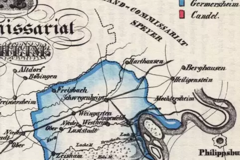 Eine Karte aus dem Jahr 1835: Sie zeigt den Verlauf des Rheins vor der Begradigung auf Höhe der Gemeinde Lingenfeld.